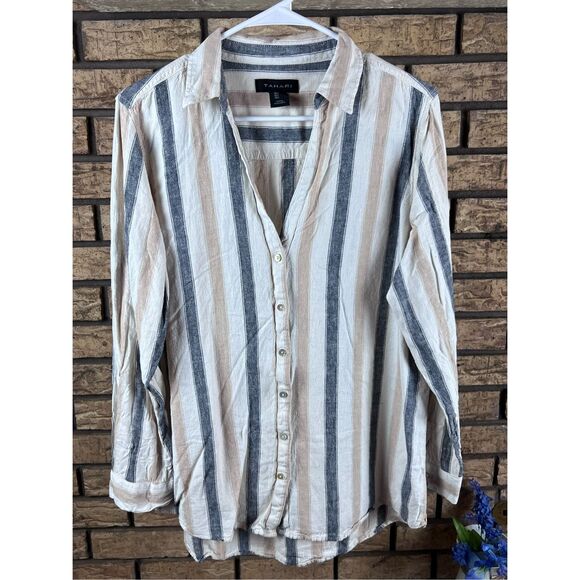 Tahari Linen Button Up Shirt Women Cream Blue Stripe Coastal Long Sleeve size la - Picture 1 of 7